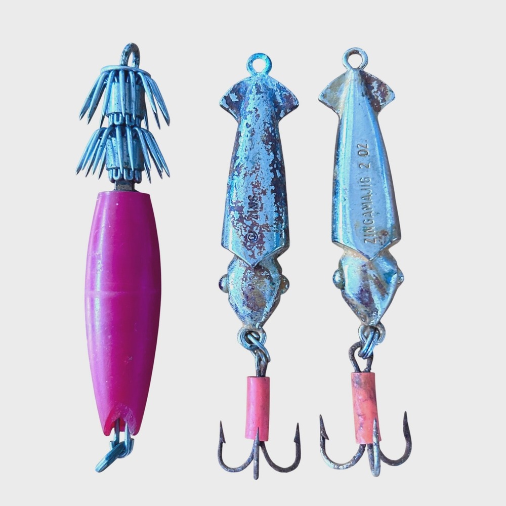 Vintage Zing Zingamajig 2 oz Squid Lures and Pink Squid Jig Lot of 3 Saltwater